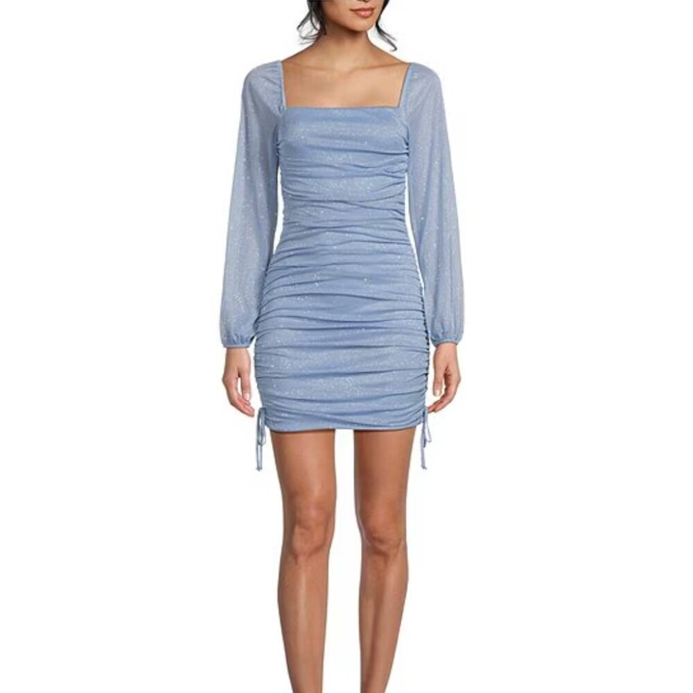 Glitter Square Neck Ruched Long Sleeves With Ties At Hemline Dress Size XS NWT